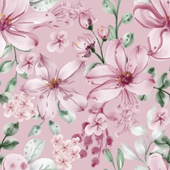 Seamless pattern with spring flowers and leaves for wallpaper background