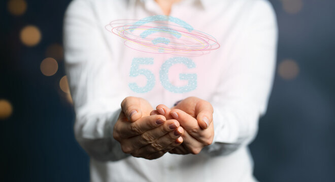 female hand with 5G telecommunication concept with an abstract network illustration on blue background