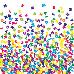 Falling letters of English language. Colorful flying words of Latin alphabet. Foreign languages study concept. Noteworthy back to school banner on white background.