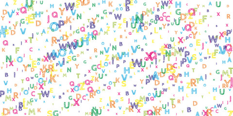 Falling letters of English language. Bright handdrawn flying words of Latin alphabet. Foreign languages study concept. Classic back to school banner on white background.
