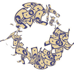 Chinese yuan notes falling. Messy CNY bills on whi