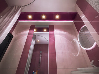 3d illustration of a bathroom in pink colors. Bathroom interior design concept for presentation and ideas. Render of a bathroom in a modern minimalist style