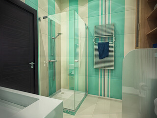  3d illustration of the interior design of a bathroom with a shower. Bathroom concept in mint colors