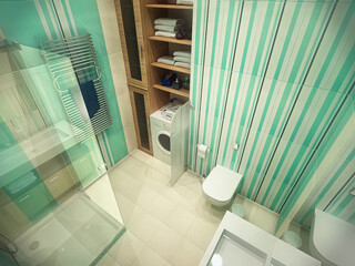  3d illustration of the interior design of a bathroom with a shower. Bathroom concept in mint colors
