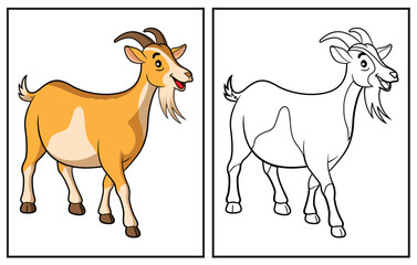 Coloring book cute goat.  Coloring page and colorful clipart character. Vector cartoon illustration.