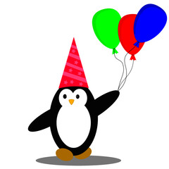 Birthday illustration of a cute penguin holding a balloon and wearing a pretty hat