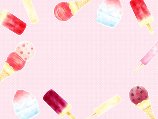 ピンクのアイスクリームのイラスト背景、水彩風