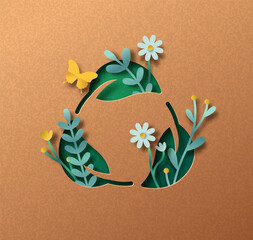 Biodegradable green leaf icon paper cut concept