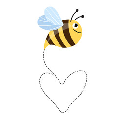 Bee cartoon mascot. A small bees flying on a dotted route. Wasp collection. Vector characters. Incest icon. Template design for invitation, cards. Doodle style