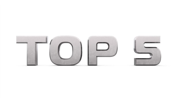 Gray metallic 3d text "TOP5" on a white background with a shadow at the bottom. Rendering an image. Computer graphics.