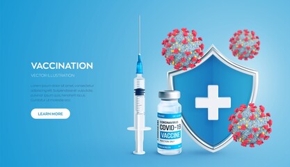 Vaccination concept. Immunization campaign. Vaccine shot. Health care and protection. Syringe with a vaccine bottle protection shield and virus cells. Medical treatment. Realistic vector illustration. - obrazy, fototapety, plakaty