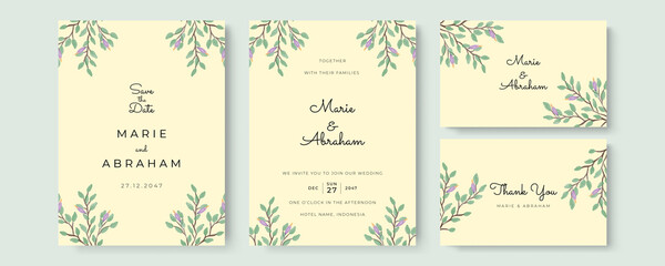 Wedding invitation set with green foliage branches watercolor. Wedding floral golden invitation card save the date design with pink flowers