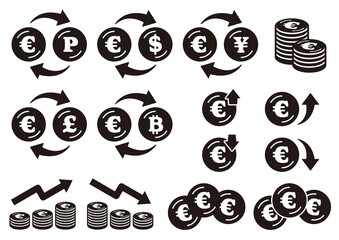 ユーロ記号の入ったコインのアイコンセット　黒 ベタ