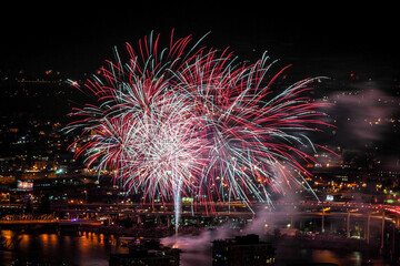 View at a beautiful  4th of July fireworks over Willamette river from Marquam HIll,  Portland, Oregon
