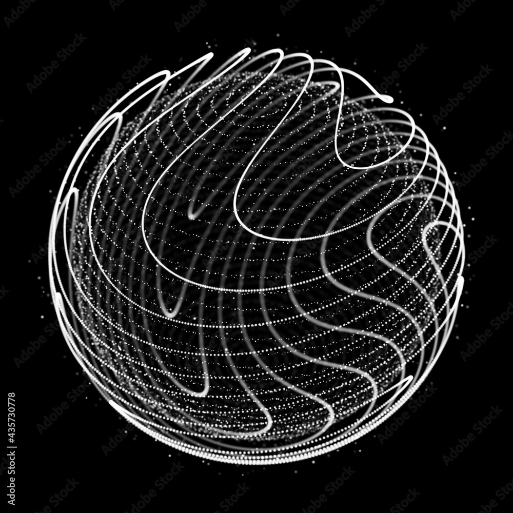 Poster abstract 3d sphere. sphere with twist lines. glowing lines twisting. outer space object. futuristic 