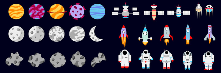 Set of elements on the space theme. Set of astronauts, rockets, moons, satellites, asteroids, planets. Outer space. Vector illustration. © Vadym