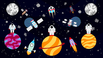 Space flat background. Outer space. Future space travel technology. Vector illustration.