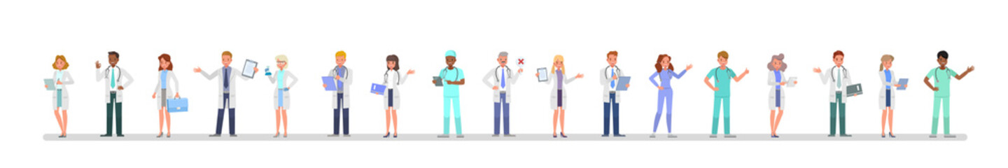 Group of doctors different poses character vector design. Presentation in various action with emotions.