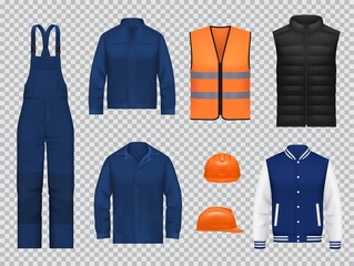 Construction workers clothing, uniform mockups. Realistic vector blue overalls pants, heated black and safety reflective vest, jacket, hard hat helmet. Engineer, mechanic or builder apparel, work wear - obrazy, fototapety, plakaty