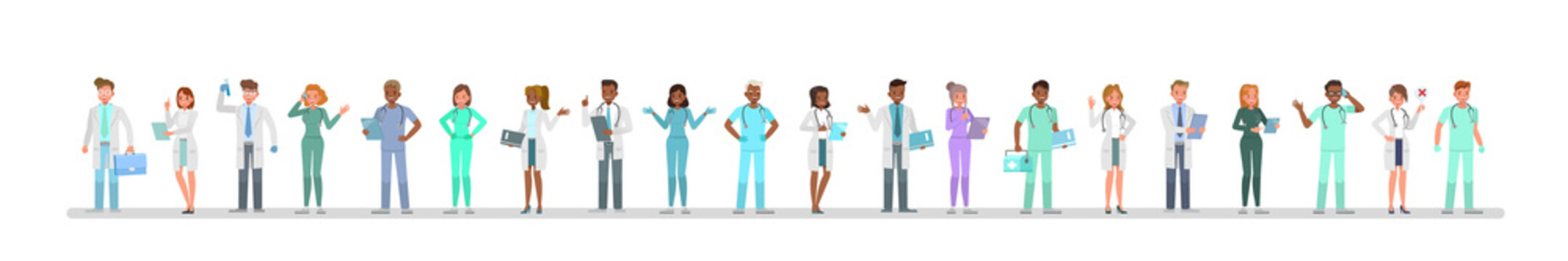 Group of doctors different poses character vector design. Presentation in various action with emotions.