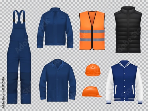 Download Construction Workers Clothing Uniform Mockups Realistic Vector Blue Overalls Pants Heated Black And Safety Reflective Vest Jacket Hard Hat Helmet Engineer Mechanic Or Builder Apparel Work Wear Wall Mural Vector Tradition