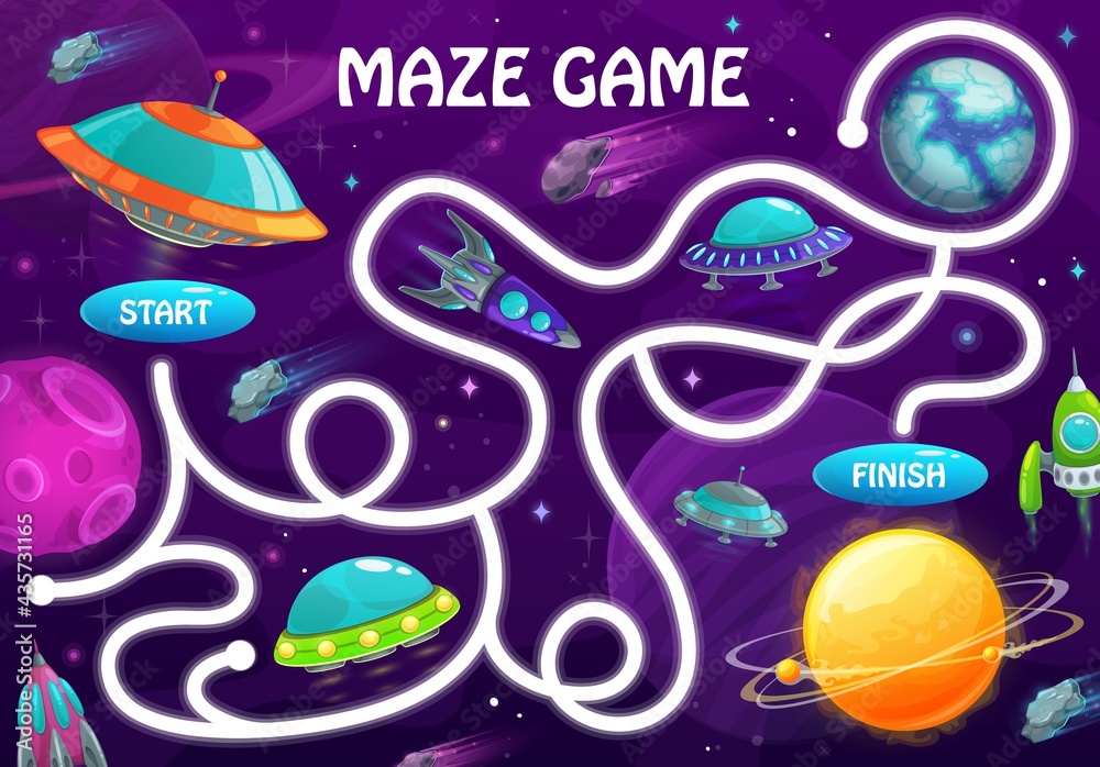 Poster labyrinth maze game with space planets and shuttles. kids vector board game with rockets and alien u