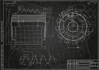 Mechanical engineering drawings on black background. Cutting tools, milling cutter. Technical Design. Cover. Blueprint. Vector illustration.