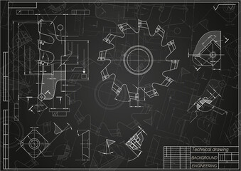 Mechanical engineering drawings on black background. Cutting tools, milling cutter. Technical Design. Cover. Blueprint. Vector illustration.