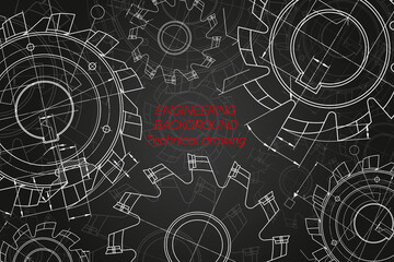 Mechanical engineering drawings on black background. Cutting tools, milling cutter. Technical Design. Cover. Blueprint. Vector illustration.
