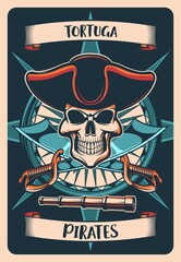 Pirates heraldic poster or t-shirt print. Vector vintage card with skull in cocked hat, wind rose and crossed sabers with spyglass and curled banners. Tshirt design with Jolly roger, tortuga pirates