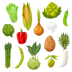 Cartoon vegetables, farm harvest or farmer market veggies. Vector kohlrabi, lettuce and radish, pea, bean and pepper, potato, onion and corn, Chinese cabbage, cauliflower and artichoke, asparagus
