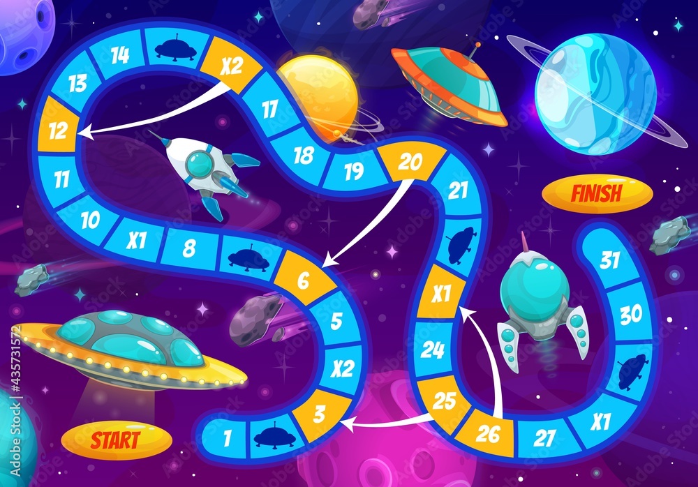 Poster cartoon space boardgame, galaxy discovery kids vector step board game with spaceships and planets. c