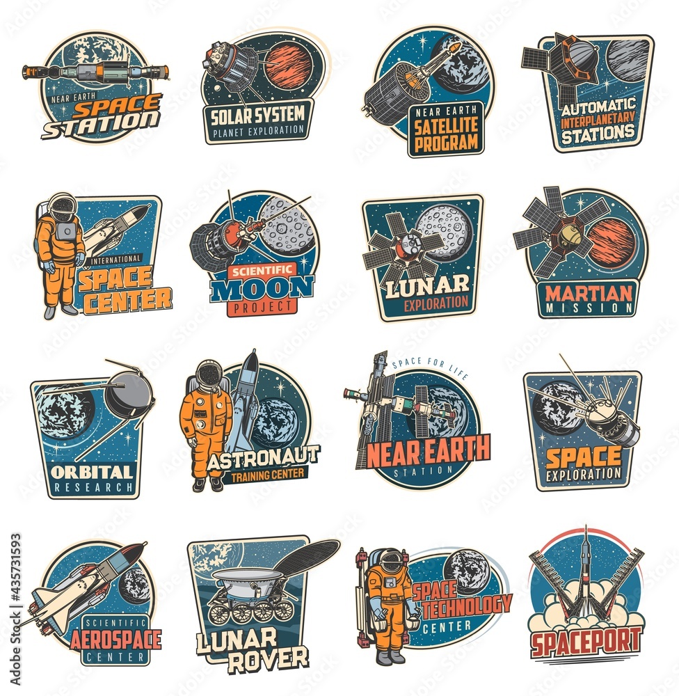 Poster galaxy and space discovery icons, vector emblems astronaut in galaxy, rocket in outer cosmos, shuttl