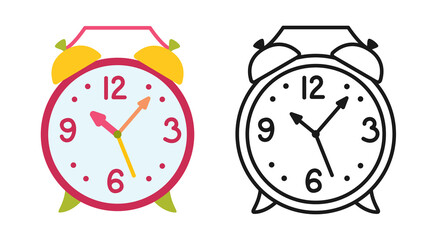 Alarm vintage flat carton icon set. Clock sign Learning school colorful collection. Alarm clock outline icon. First day school, Education concept icon kit. Wake up morning concept. Vector illustration