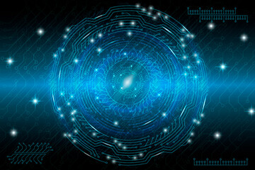 Blue futuristic technological background in cyberpunk style. Digital art. Design of postcards, poster, banner. Vector illustration.