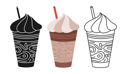 Coffee frappe cup cartoon set line icon, black glyph trendy style. Craft doodle flat cups to go. Drinks with foam, branding and cafe label design, disposable coffee paper cup icon. Vector illustration