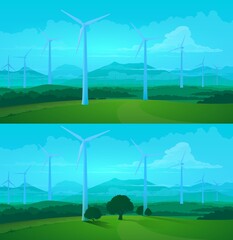 Wind turbines on field of green energy farm vector background of ecology and environment design. Cartoon eco windmills nature landscape with green grass meadow, trees and mountain, blue sky and clouds