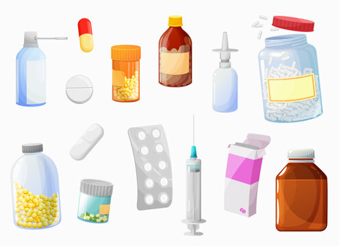Cartoon pills, drugs and medicaments vector of pharmaceutical packaging. Package, bottle, box and blister of pills and capsules and syringe, syrup jar, nose and throat spray isolated objects