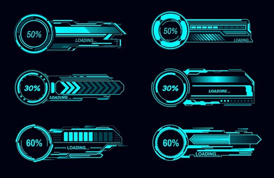 HUD futuristic vector loading bars Sci Fi game user interface technology. Digital loading progress or status bars of head up display digital interface, neon indicators of downloading process