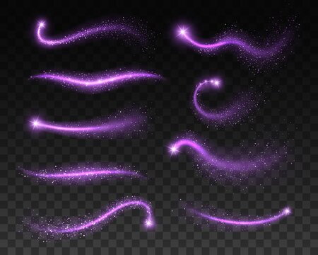 Magic purple sparks, glitters and space stardust, vector light sparkles and glow shine. Purple bokeh waves with neon sparkles effect, flare swirls with shine glowing and glittering particles shimmer