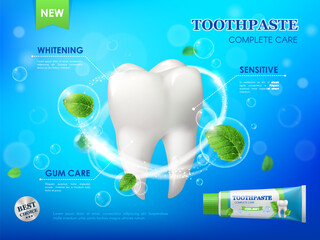 Mint toothpaste, teeth whitening, gum care and cleaning vector ad poster with white healthy tooth, spearmint leaves and tube with paste. Dental care product, sensitive plaque protection and repair