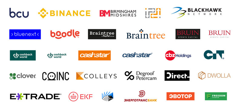 logos of famous banks of the world, badges with logos of companies and banks