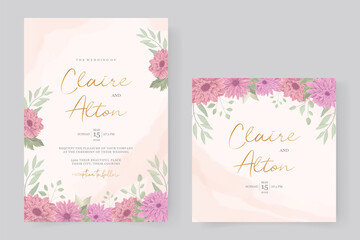 Wedding invitation design with pink chrysanthemum flower