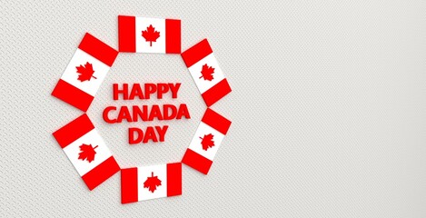 3D Canada flag rotate arrange around happy Canada day text on abstract background for design content. 3D rendering.