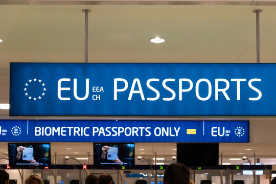 Prague, Czech Republic - December 2017: Passport control for EU and other passport holders at European border control of Prague Airport, Czech Republic.