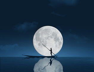 A man in a boat is seen on the water in front of a huge full moon in this illustration.
