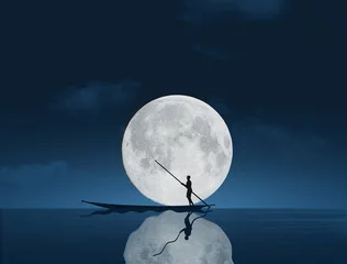 Lichtdoorlatende rolgordijnen Volle maan A man in a boat is seen on the water in front of a huge full moon in this illustration.