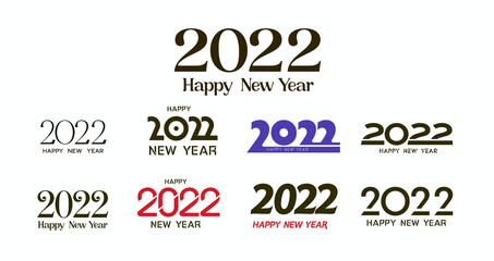 Set of 2022 Happy New Year logo text design. 2022 number design template. Collection of 2022 happy new year symbols. Vector illustration with black labels isolated on white background.