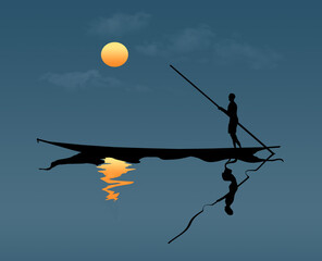 A man moves a boat at dusk with a pole and is silhouetted agains a sky with a sun in this 3-d illustration.