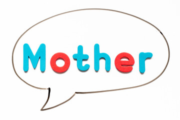Alphabet letter with word mother in black line hand drawing as bubble speech on white board background